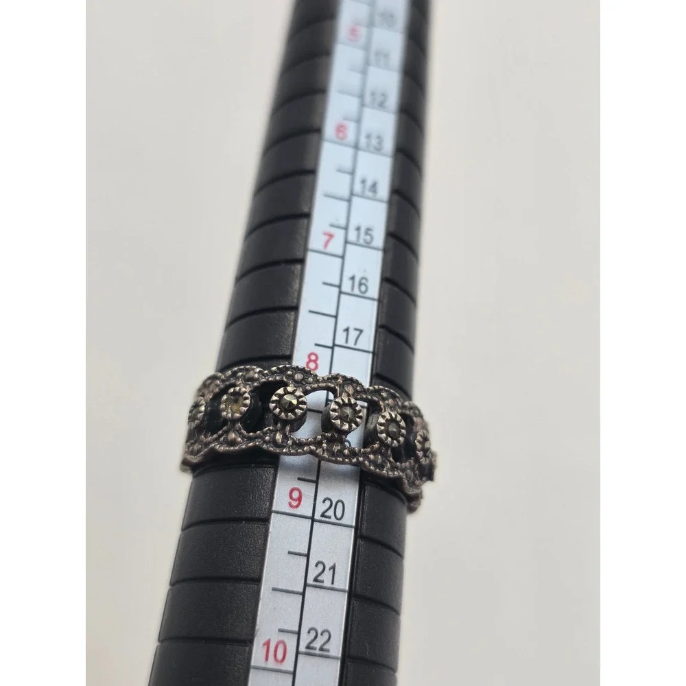 Vintage 925 Sterling Silver Marcasite Filigree Scalloped Band Ring Size 8.5